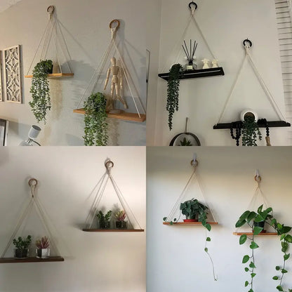 Boho macrame hanging shelf – living room natural wood decor