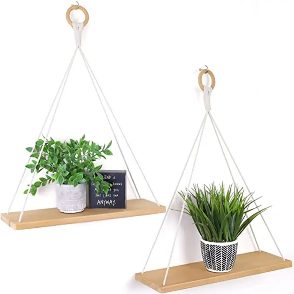 Boho macrame hanging shelf – living room natural wood decor