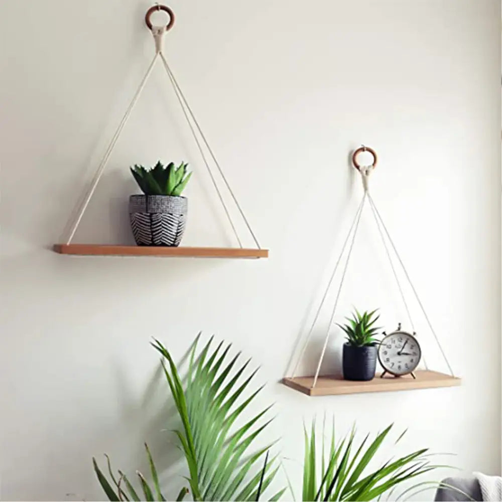 Boho macrame hanging shelf – living room natural wood decor