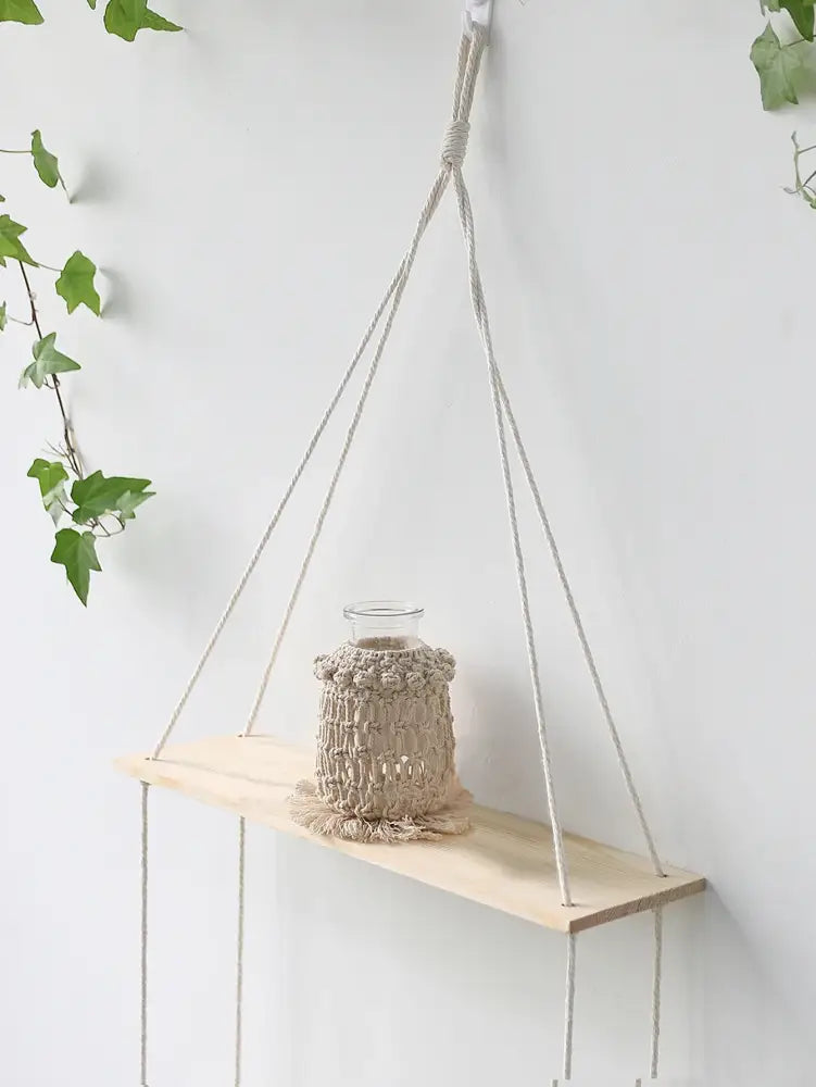 Minimalist white boho macrame wall shelf bedroom two tier wood decor
