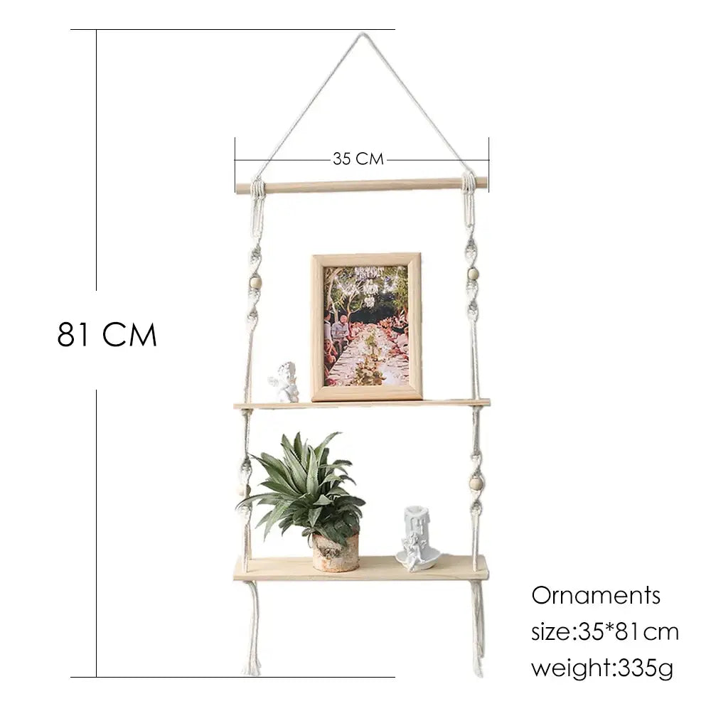 Minimalist white boho macrame wall shelf bedroom two tier wood decor