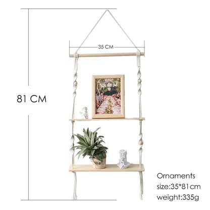 Minimalist white boho macrame wall shelf bedroom two tier wood decor