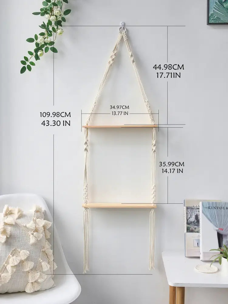 Minimalist white boho macrame wall shelf bedroom two tier wood decor