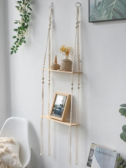 Minimalist white boho macrame wall shelf bedroom two tier wood decor