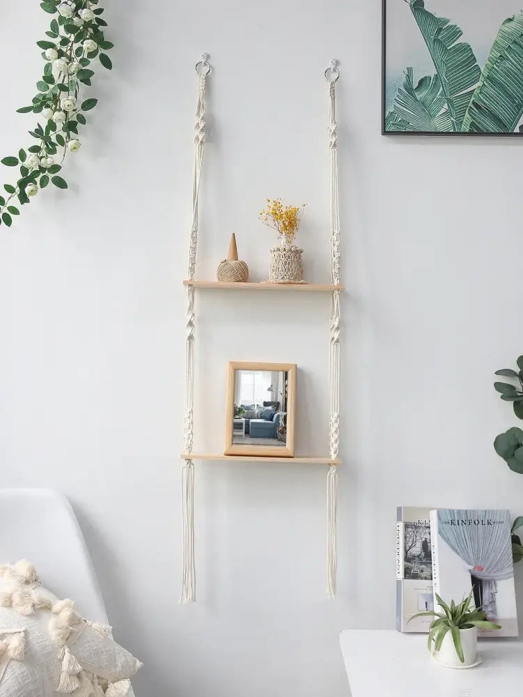Minimalist white boho macrame wall shelf bedroom two tier wood decor