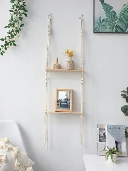 Minimalist white boho macrame wall shelf bedroom two tier wood decor