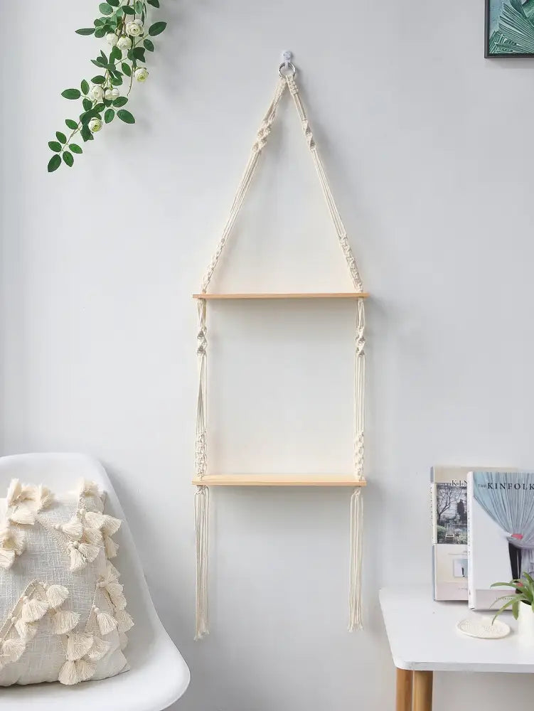 Minimalist white boho macrame wall shelf bedroom two tier wood decor
