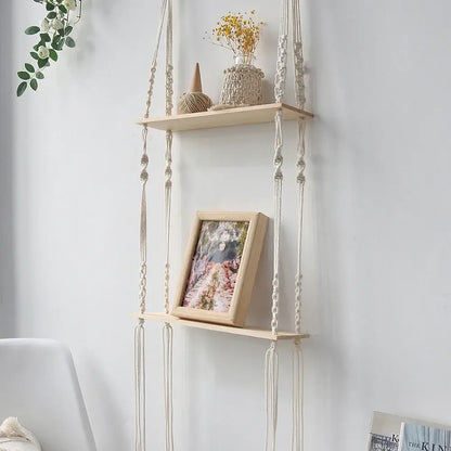 Minimalist white boho macrame wall shelf bedroom two tier wood decor