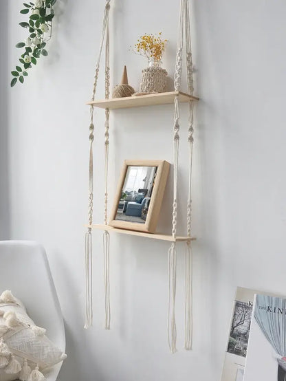 Minimalist white boho macrame wall shelf bedroom two tier wood decor