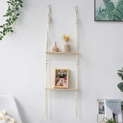 Minimalist white boho macrame wall shelf bedroom two tier wood decor
