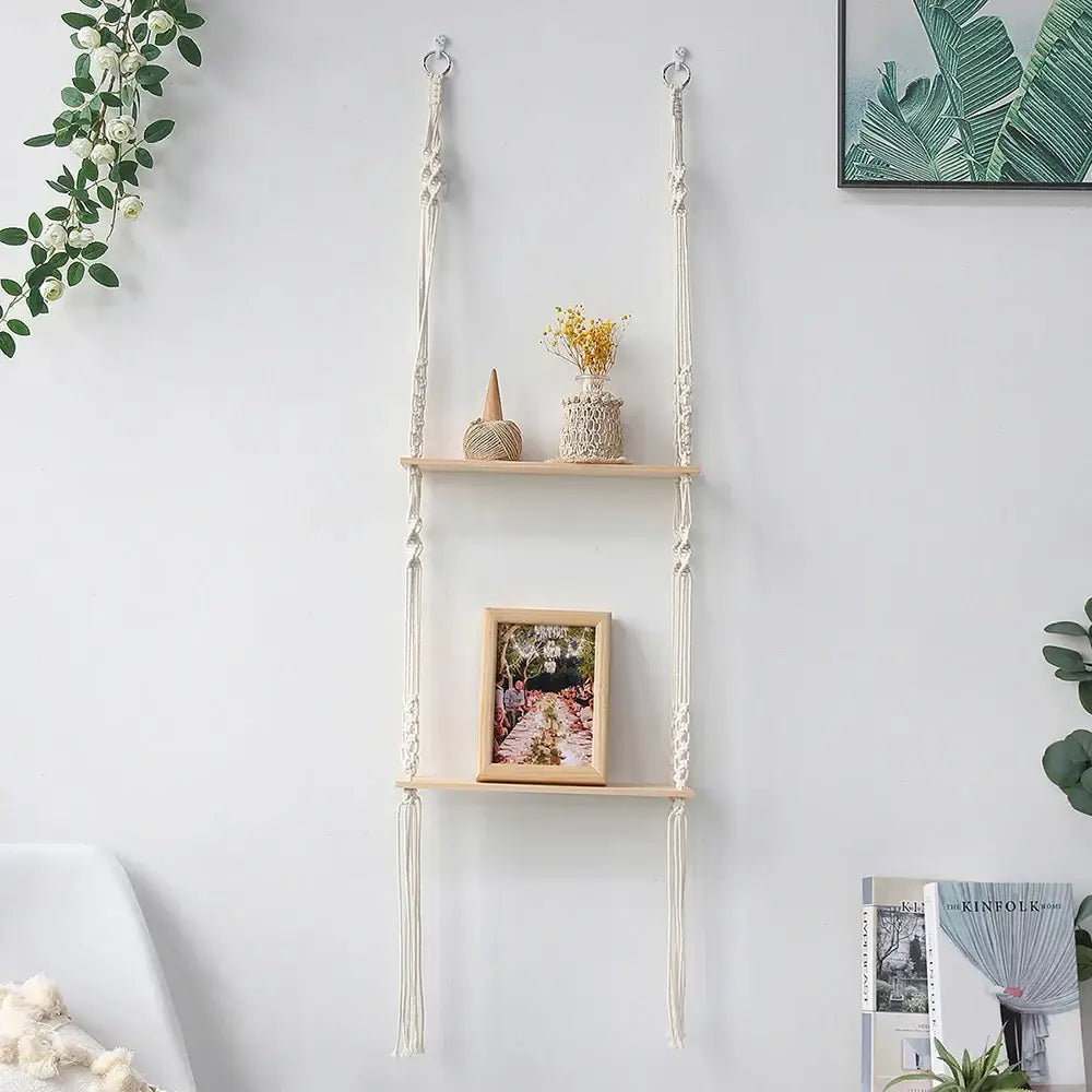 Minimalist white boho macrame wall shelf bedroom two tier wood decor