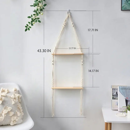 Minimalist white boho macrame wall shelf bedroom two tier wood decor