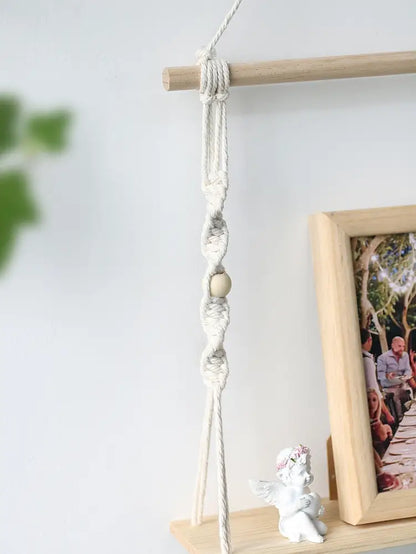 Minimalist white boho macrame wall shelf bedroom two tier wood decor