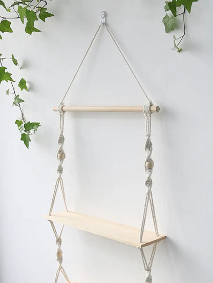 Minimalist white boho macrame wall shelf bedroom two tier wood decor