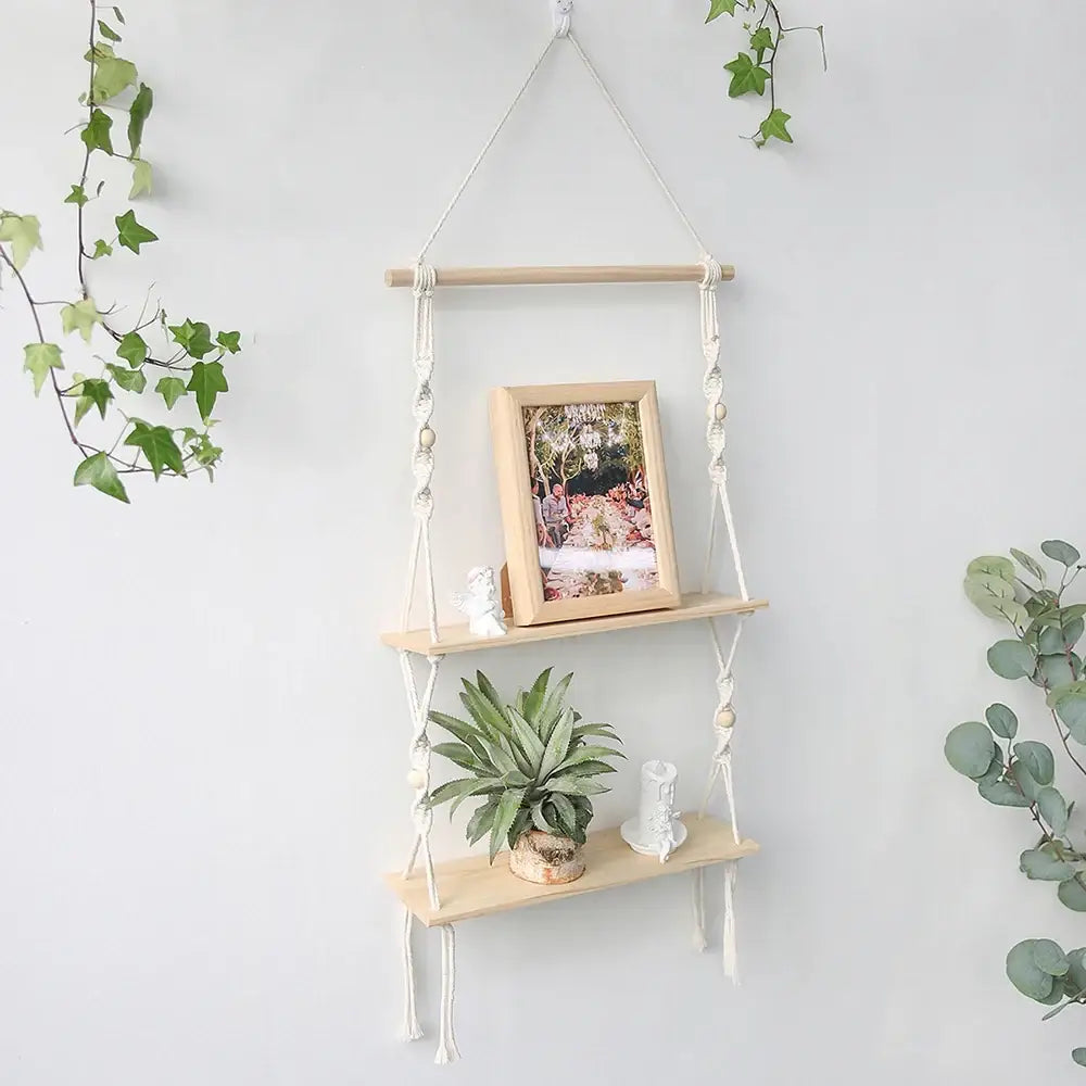 Minimalist white boho macrame wall shelf bedroom two tier wood decor