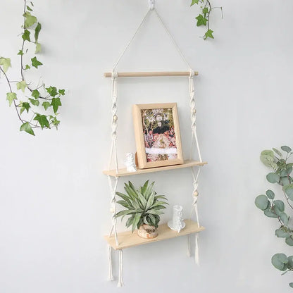 Minimalist white boho macrame wall shelf bedroom two tier wood decor