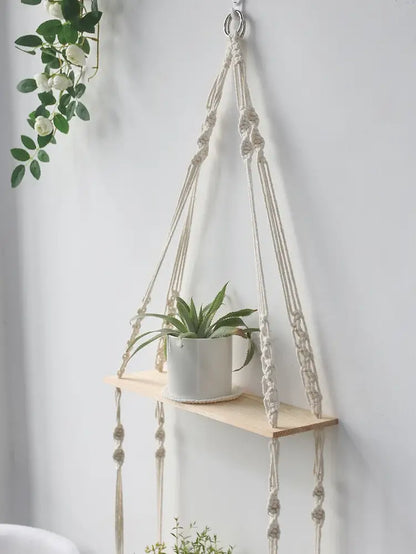 Minimalist white boho macrame wall shelf bedroom two tier wood decor