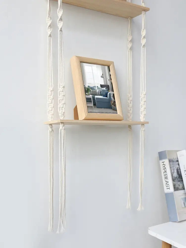 Minimalist white boho macrame wall shelf bedroom two tier wood decor