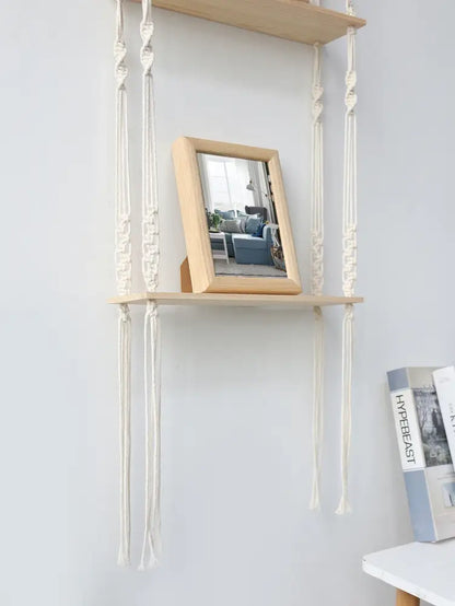 Minimalist white boho macrame wall shelf bedroom two tier wood decor