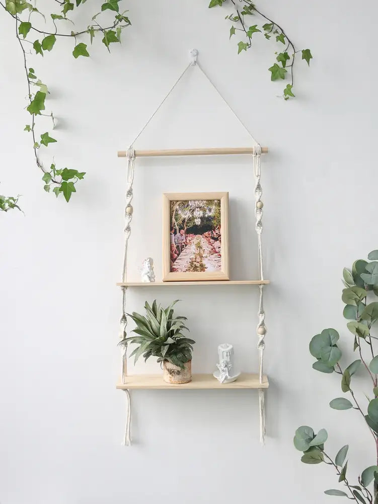 Minimalist white boho macrame wall shelf bedroom two tier wood decor