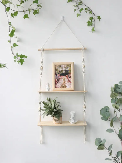 Minimalist white boho macrame wall shelf bedroom two tier wood decor