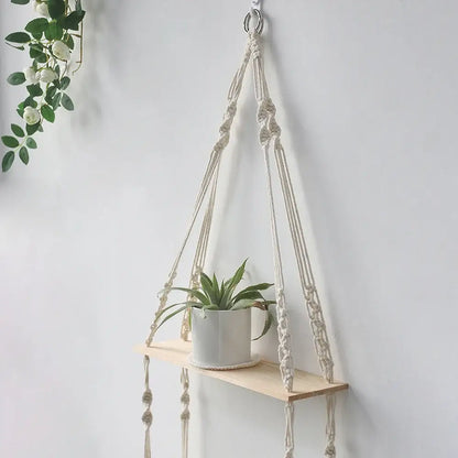 Minimalist white boho macrame wall shelf bedroom two tier wood decor