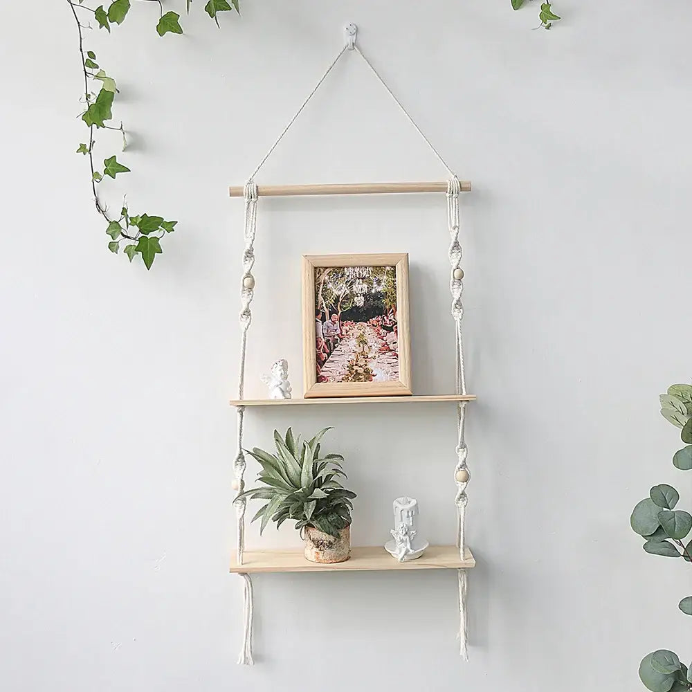 Minimalist white boho macrame wall shelf bedroom two tier wood decor
