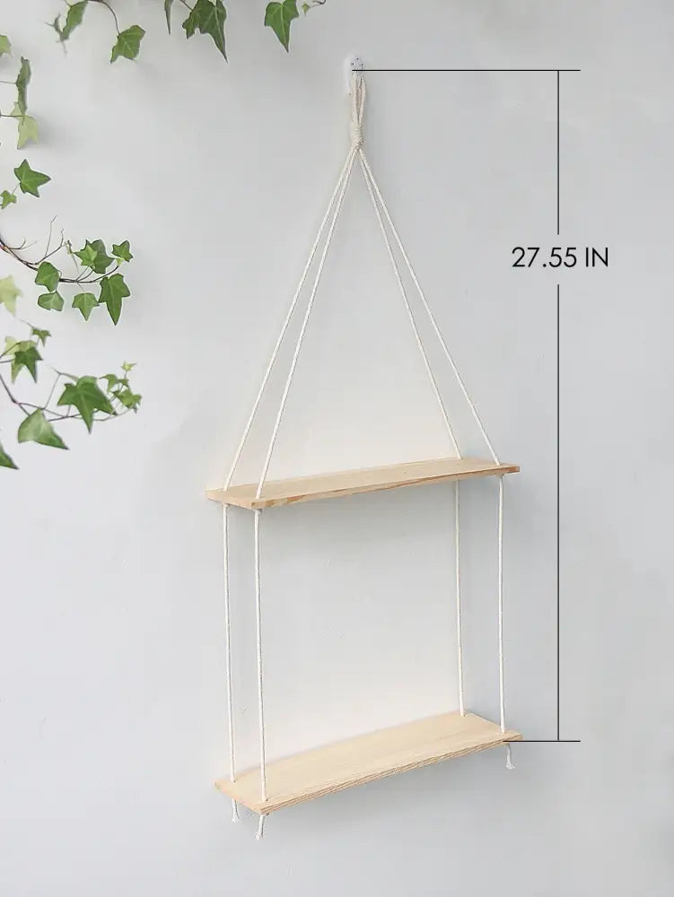 Minimalist white boho macrame wall shelf bedroom two tier wood decor