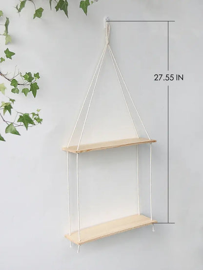 Minimalist white boho macrame wall shelf bedroom two tier wood decor