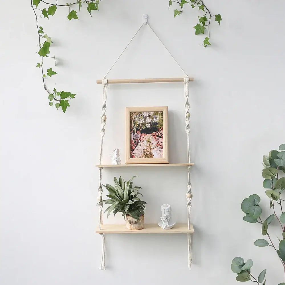 Minimalist white boho macrame wall shelf bedroom two tier wood decor