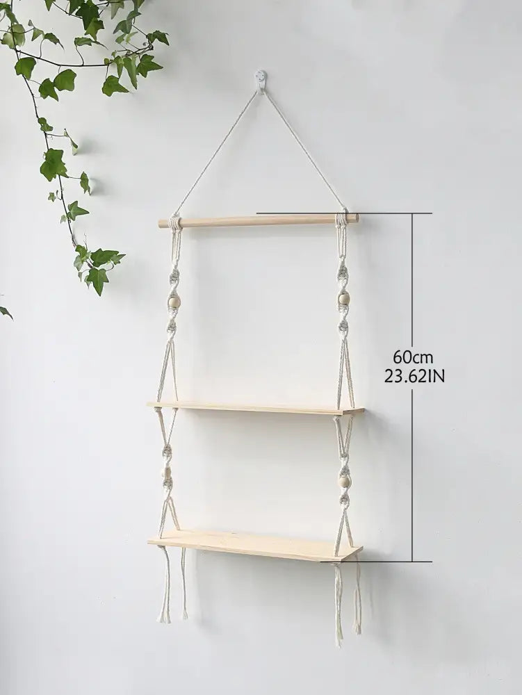 Minimalist white boho macrame wall shelf bedroom two tier wood decor