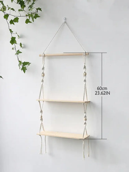 Minimalist white boho macrame wall shelf bedroom two tier wood decor