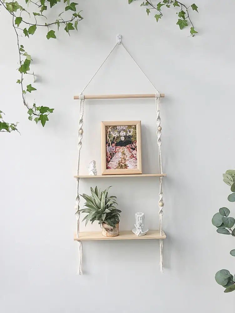 Minimalist white boho macrame wall shelf bedroom two tier wood decor