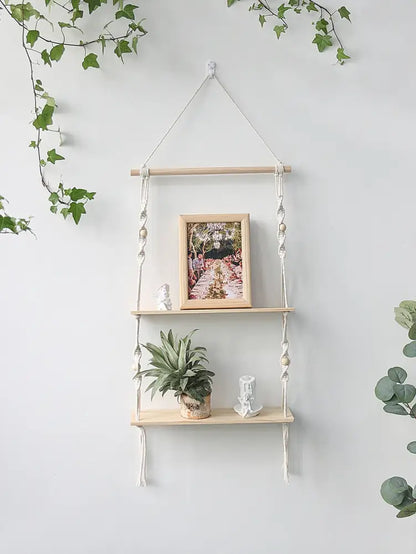 Minimalist white boho macrame wall shelf bedroom two tier wood decor