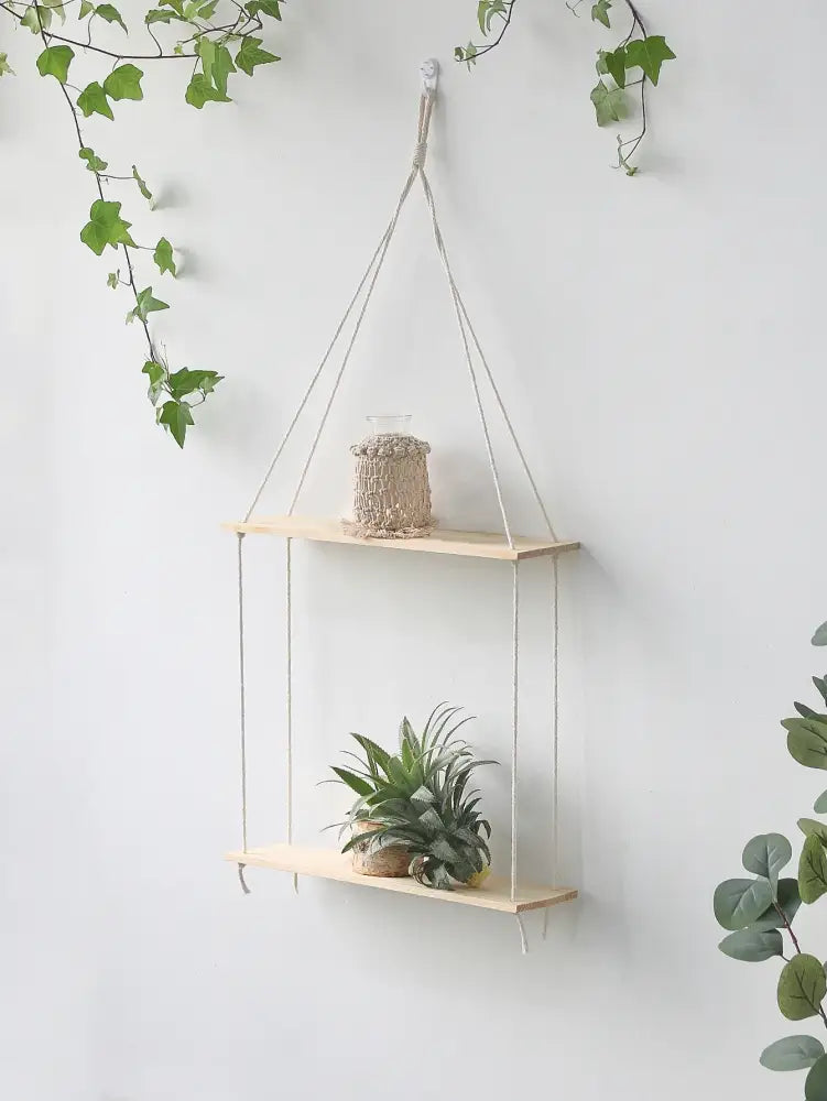 Minimalist white boho macrame wall shelf bedroom two tier wood decor