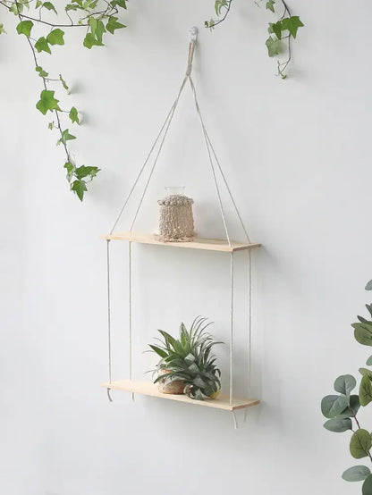Minimalist white boho macrame wall shelf bedroom two tier wood decor