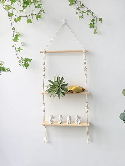 Minimalist white boho macrame wall shelf bedroom two tier wood decor