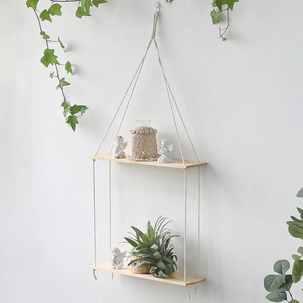 Minimalist white boho macrame wall shelf bedroom two tier wood decor
