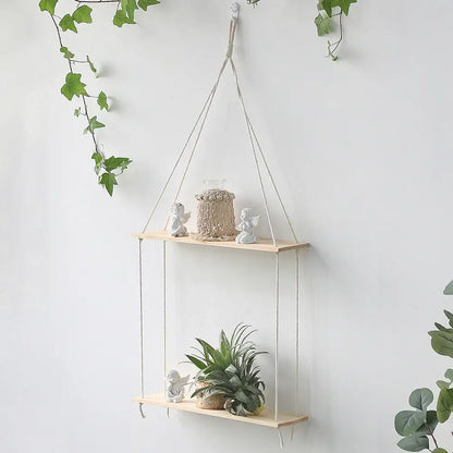 Minimalist white boho macrame wall shelf bedroom two tier wood decor