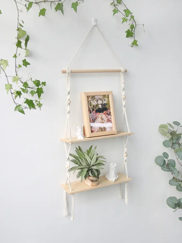 Minimalist white boho macrame wall shelf bedroom two tier wood decor