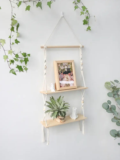 Minimalist white boho macrame wall shelf bedroom two tier wood decor