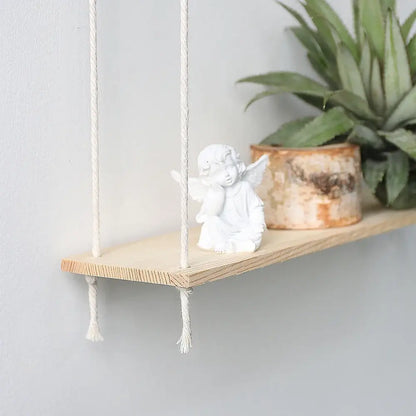 Minimalist white boho macrame wall shelf bedroom two tier wood decor