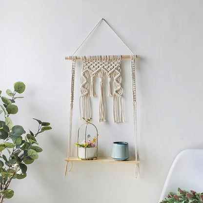 Boho beige macrame wood hanging shelf bedroom wall decor