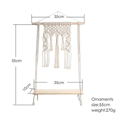 Boho beige macrame wood hanging shelf bedroom wall decor