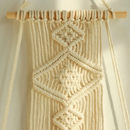 Boho beige macrame wood hanging shelf bedroom wall decor