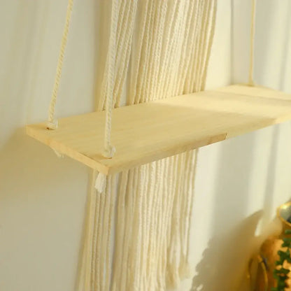Boho beige macrame wood hanging shelf bedroom wall decor