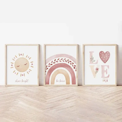 Boho rainbow sunshine watercolor framed prints nursery wall art