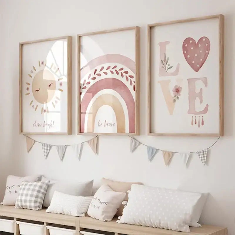 Boho rainbow sunshine watercolor framed prints nursery wall art