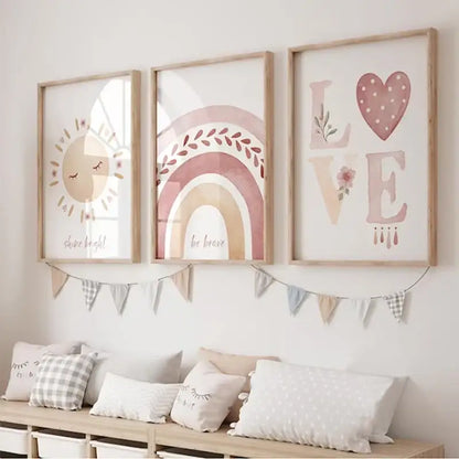 Boho rainbow sunshine watercolor framed prints nursery wall art