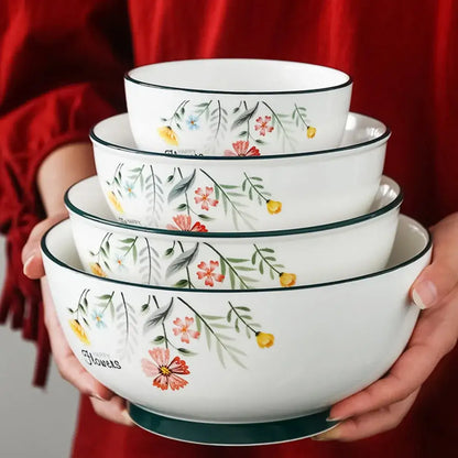 Floral white bone china rice noodles bowl and plate set dining room